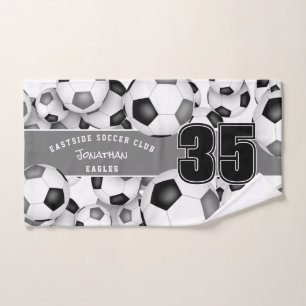 Lots of black grey soccer balls team colours gifts hand towel