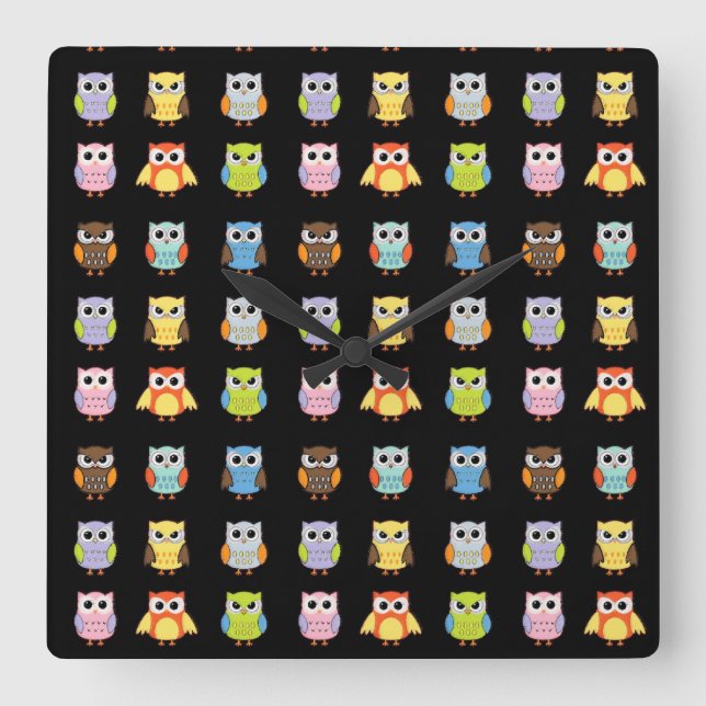 Lots of Colourful Cute Owls Pattern Square Wall Clock (Front)