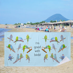 Lots of colourful parakeets - fun little birds   beach towel