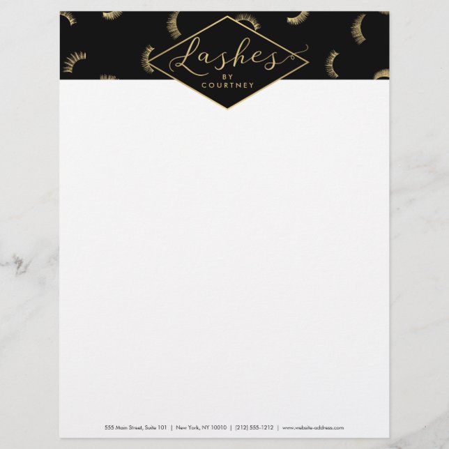 Lots of Lashes Pattern Lash Salon Black/Gold Custom Letterhead (Front)