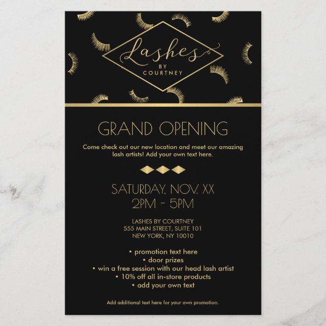 Lots of Lashes Pattern Lash Salon Black/Gold Flyer (Front)