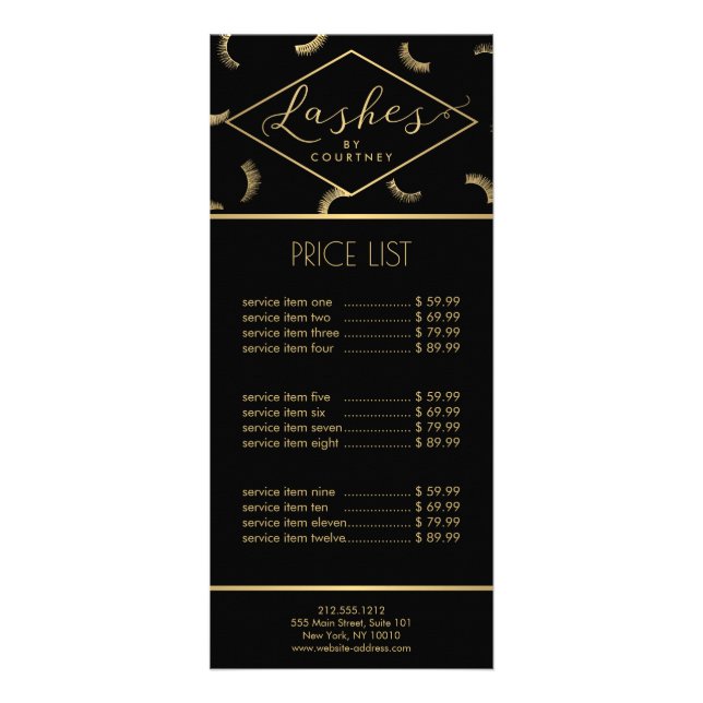 Lots of Lashes Pattern Lash Salon Black/Gold Rack Card (Front)