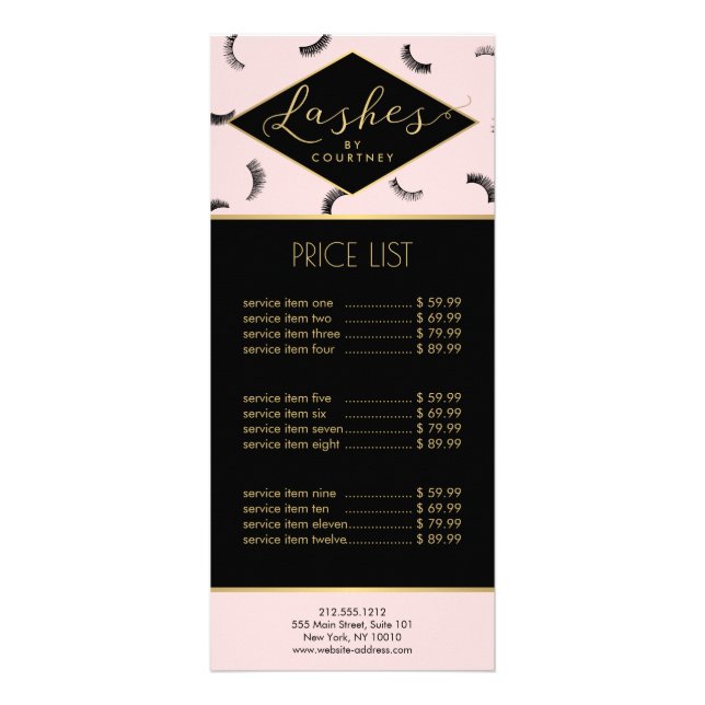 Lots of Lashes Pattern Lash Salon Pink/Black/Gold Rack Card (Front)