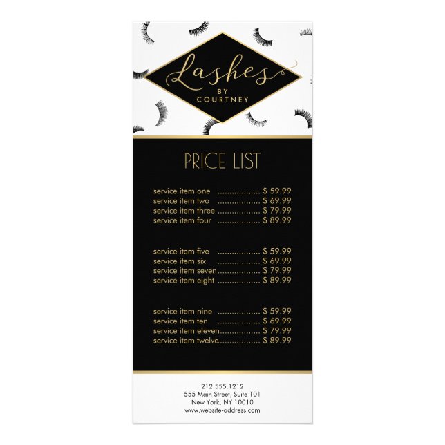 Lots of Lashes Pattern Lash Salon White/Black/Gold Rack Card (Front)