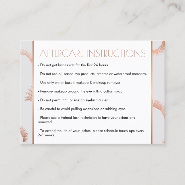 Lots of Lashes Salon Grey/Rose Gold Aftercare Card (Front)