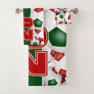 Lots of red green soccer balls boys girls sports bath towel set