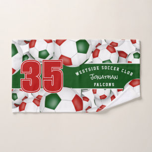 Lots of red green soccer balls boys girls sports hand towel