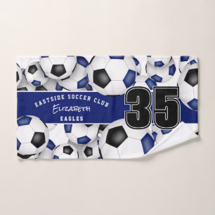 Lots of soccer balls black blue team colours gifts hand towel