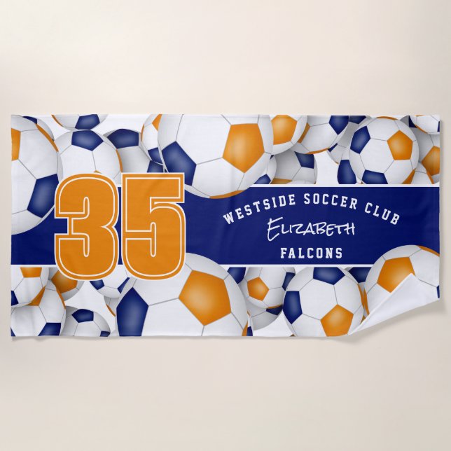 Lots of soccer balls blue orange team colours gift beach towel (Front)