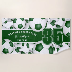 Lots of soccer balls custom team name green white beach towel
