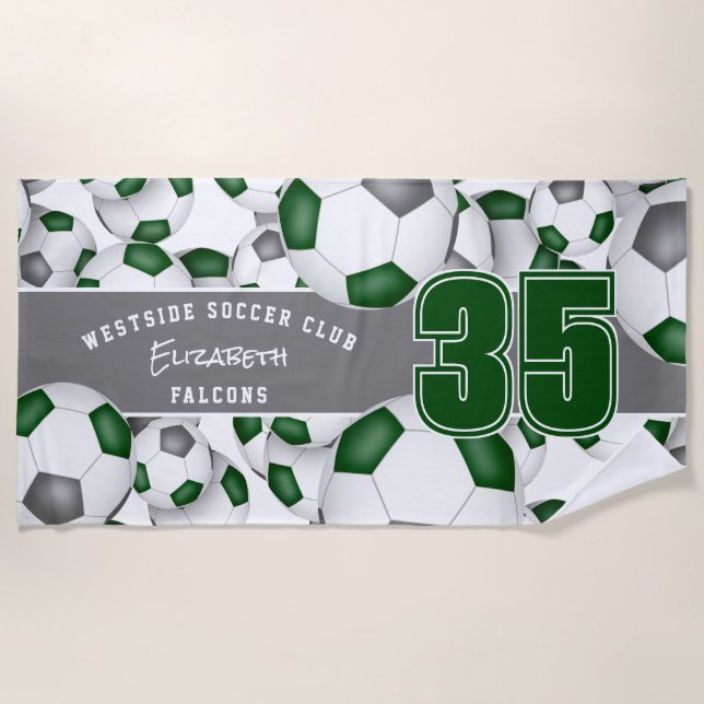 Lots of soccer balls green grey with jersey number beach towel (Front)