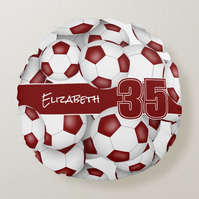 Lots of soccer balls maroon sports room decor round cushion (Front)