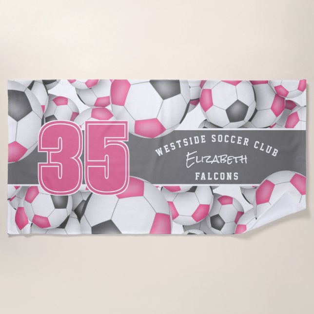 Lots of soccer balls pink grey team athlete name beach towel (Front)