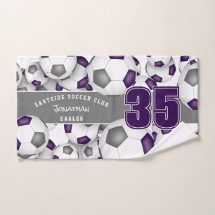 Lots of soccer balls purple grey team athlete name hand towel