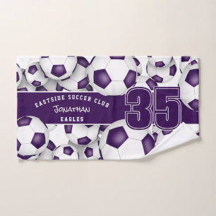 Lots of soccer balls purple team colours gift idea hand towel