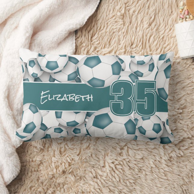 Lots of soccer balls teal sports room decor lumbar cushion (Blanket)