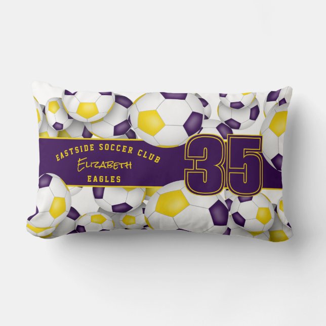 Lots of soccer balls team athlete name purple gold lumbar cushion (Front)