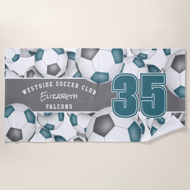 Lots of soccer balls team spirit teal grey beach towel (Front)