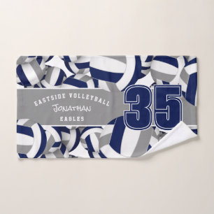 Lots of volleyballs athlete name navy blue grey hand towel