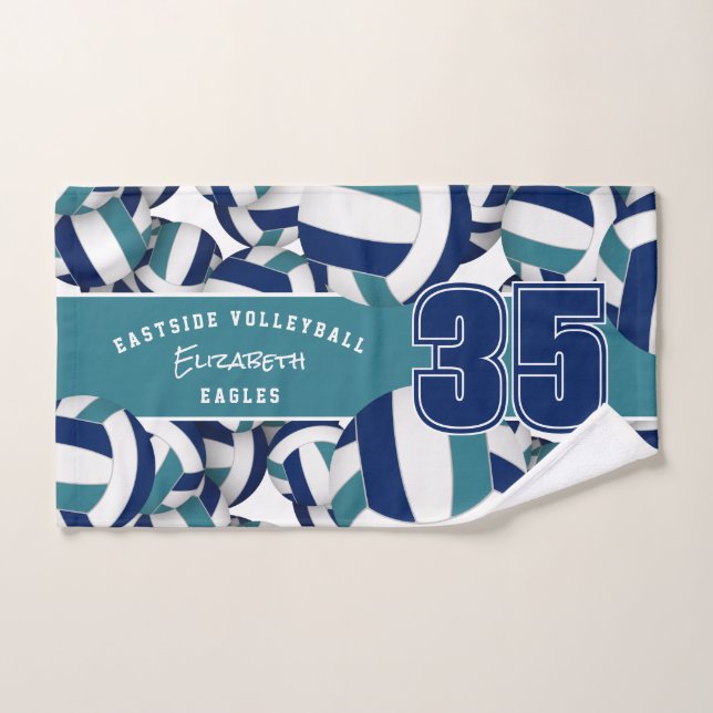 Lots of volleyballs athlete name navy blue teal hand towel (Hand Towel)