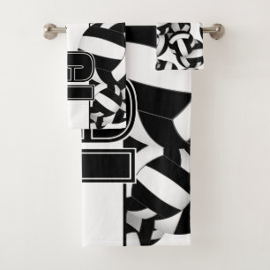 Lots of volleyballs athletic team name black white bath towel set