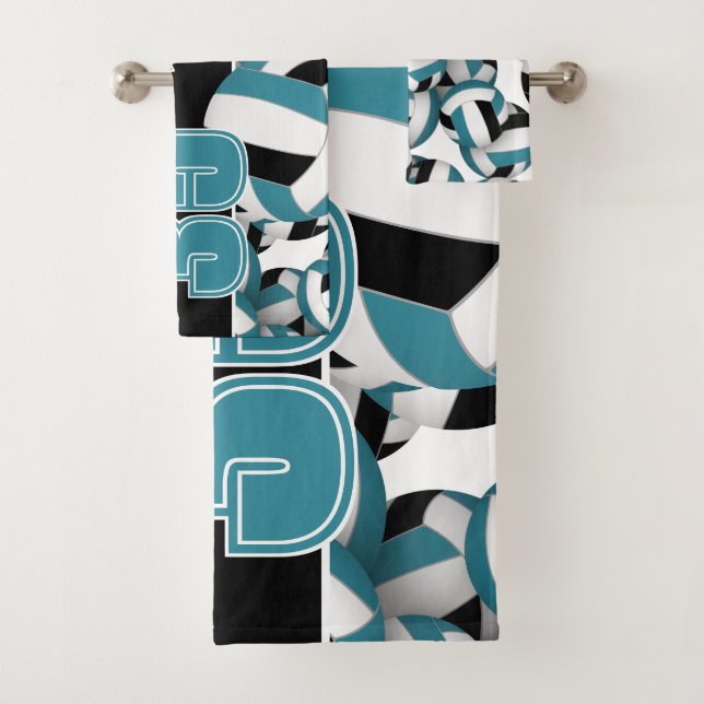 Lots of volleyballs custom player name teal black bath towel set (Insitu)