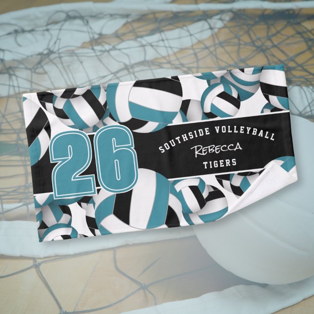 Lots of volleyballs custom player name teal black hand towel (Creator Uploaded)