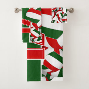 Lots of volleyballs player jersey number red green bath towel set