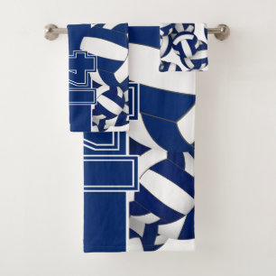Lots of volleyballs player name blue team colours bath towel set