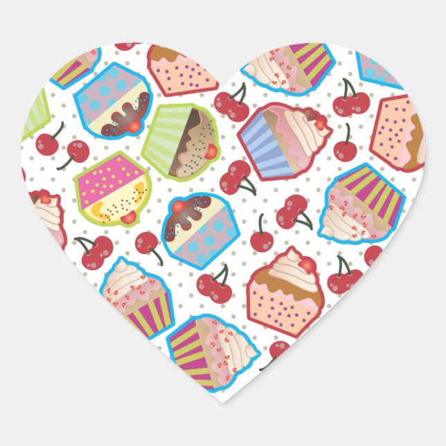 Lotsa Cupcakes n Cherries Heart Sticker (Front)