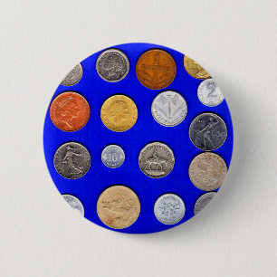 lotsa old foreign coins 6 cm round badge