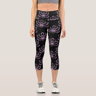 Lotus 5 Scattered Black Background Capri Leggings