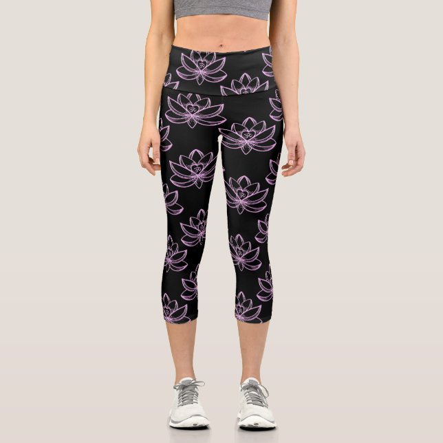Lotus 5 Scattered Black Background Capri Leggings (Front)