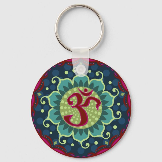 Lotus Aum - OM - Red, Blue and Teal Gift Key Chain (Front)