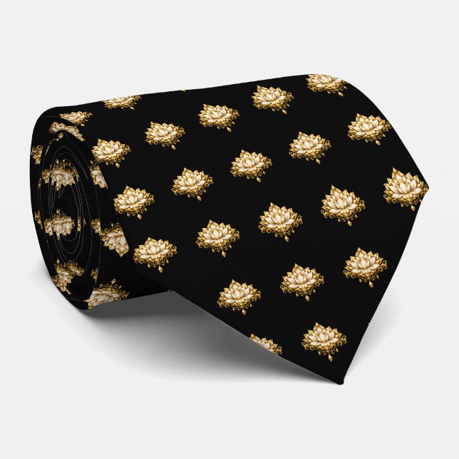 Lotus Black Gold Pattern Luxury Indian Wedding Tie (Rolled)