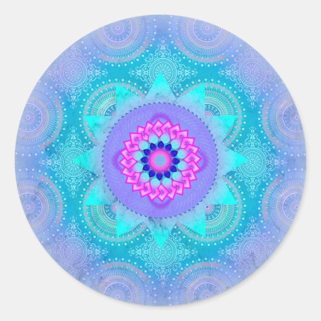 Lotus Bloom Turquoise Mandala Classic Round Sticker (Front)