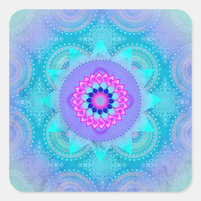 Lotus Bloom Turquoise Mandala Square Sticker (Front)