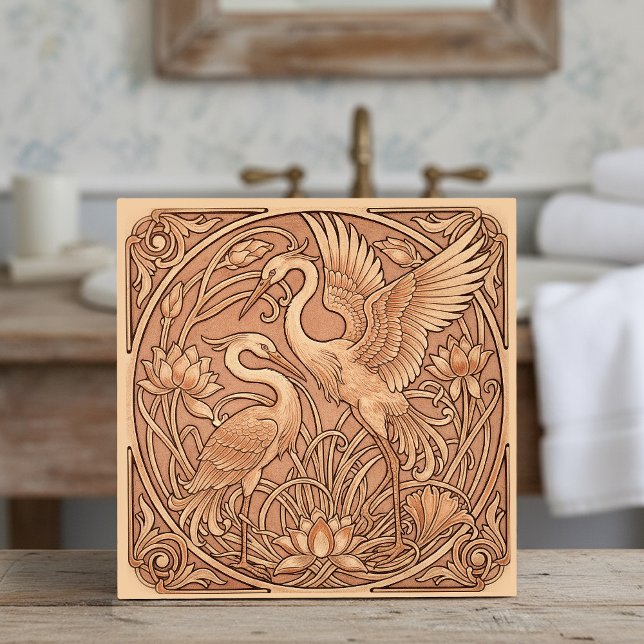 Lotus & Crane Art Nouveau Pat#8 Terra Cotta ID1193 Tile (Creator Uploaded)