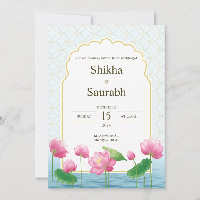 Lotus Floral Traditional Wedding Invitation (Front)
