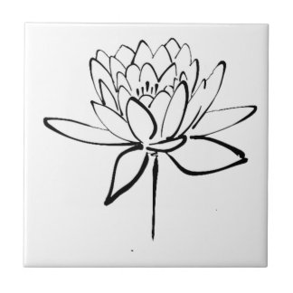 Lotus Flower Black and White Ink Drawing Art Tile