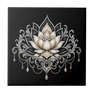 Lotus flower black silver floral botanical wall  tile