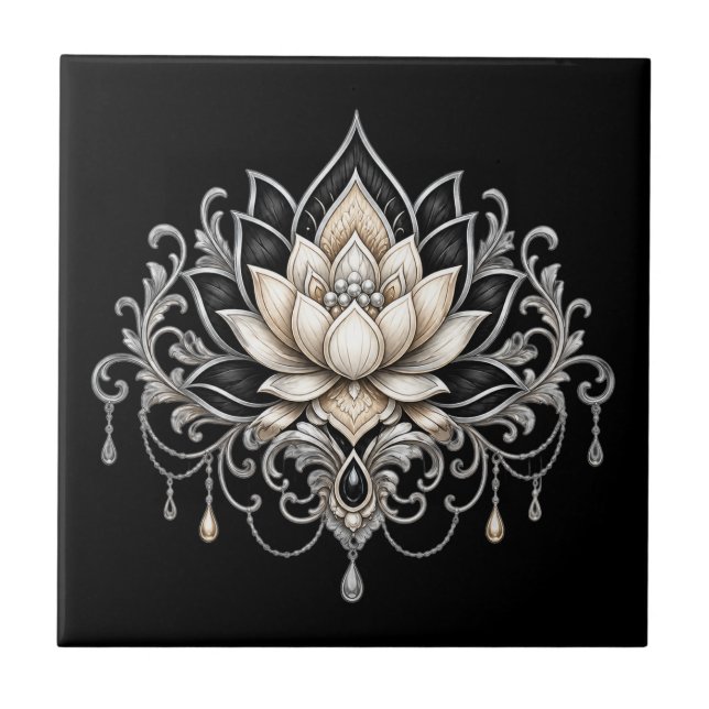 Lotus flower black silver floral botanical wall  tile (Front)