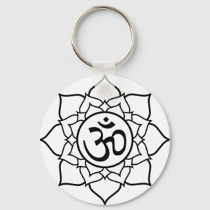 Lotus Flower, Black with White Background Key Ring