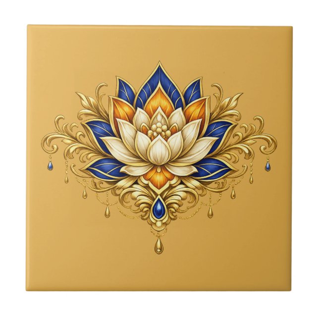 Lotus flower blue gold floral botanical wall tile (Front)