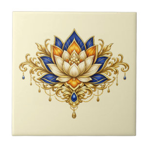 Lotus flower blue gold floral indian wall tile