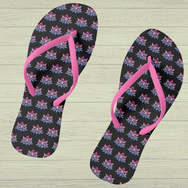 Lotus flower blue pink on black jandals (Showing the pink narrow straps option)