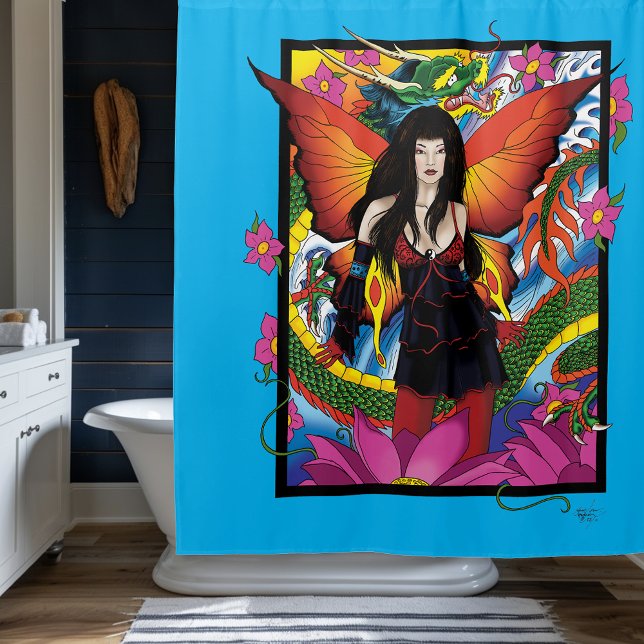 Lotus Flower Chinese Water Dragon Shower Curtain (Creator Uploaded)
