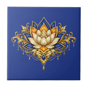 Lotus flower cobalt blue gold floral indian wall tile