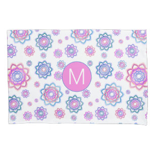 Lotus Flower Colourful Monogram Pink Pastel Green Pillowcase