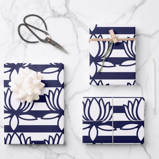 Lotus Flower Floral Stripe Pattern Wrapping Paper Sheet (Front)